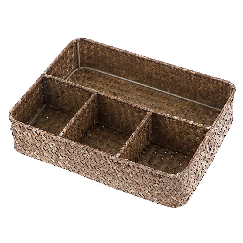 ELLDOO Brown Seagrass Tea Bag Organizer Tray, 10.2"L x 7.9"W x 2.5"H - Image 1