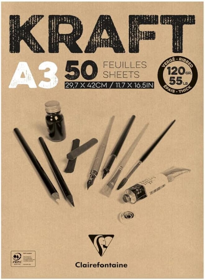Clairefontaine Kraft Paper Pad (120 g, 975816C, A3, Brown)- 50 Sheets