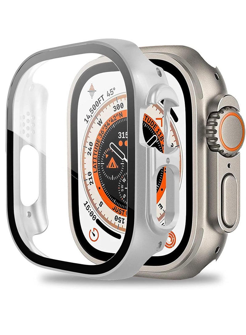 Case Compatible with Apple Watch Ultra 49mm Tempered Glass Screen Protector, Ultra-Thin Hard PC Shockproof All-Around Bumper Shell Protective Cover for iWatch Ultra 49mm-Silver - Image 1