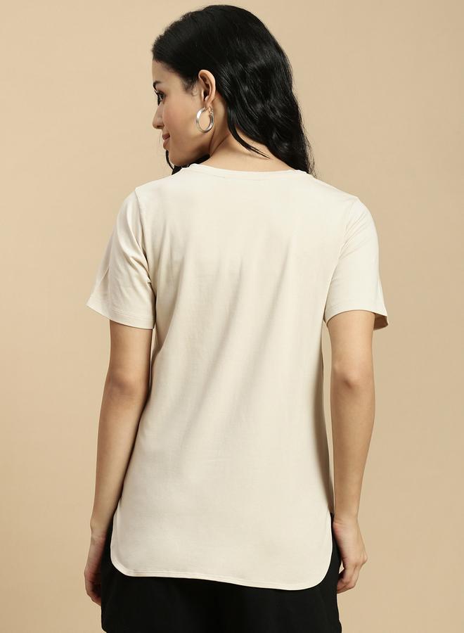 ECOLORE Beige Solid Short Sleeves High Low Top - Image 4