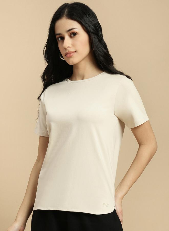 ECOLORE Beige Solid Short Sleeves High Low Top - Image 3