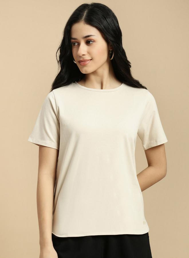 ECOLORE Beige Solid Short Sleeves High Low Top - Image 1