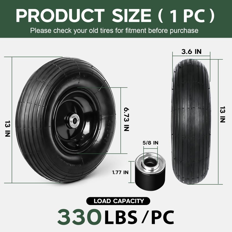 Taifa 13 Inch 1 PC Rubber Pneumatic Replacement Tires and Wheels 4.00-6 with 5/8'' Axle Bore Hole, Inflated Air Wheel for Wheelbarrow/Wagon/Hand Truck/Trolley/Garden Scooter etc. - Image 2