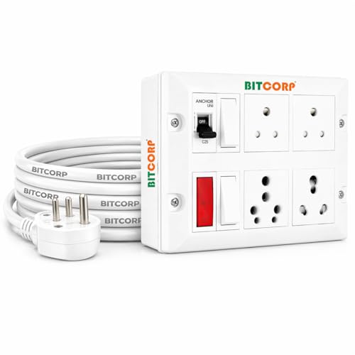 BITCORP لوحة تمديد الطاقة BITCORP 16A الثقيلة مع 4 مآخذ 2 MCB، واقي من الحمل الزائد 3500W MCB، سلك كهربائي بطول 20 متر 2.5 مم لمكيف الهواء، الثلاجة، شاحن EV، غسالة، سخان مياه - Image 1