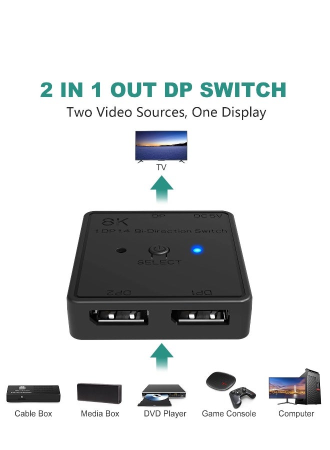 Multi Display Splitter, Bidirectional Switcher, 1DP14 Bi-Direction Switch for PC/Projector/TV/Gaming Coinsole Laptop HD player/DVD-player/PS3/4/5 Monitor Support 8K 30HZ/5K 60HZ/4K 120HZ  - Image 2