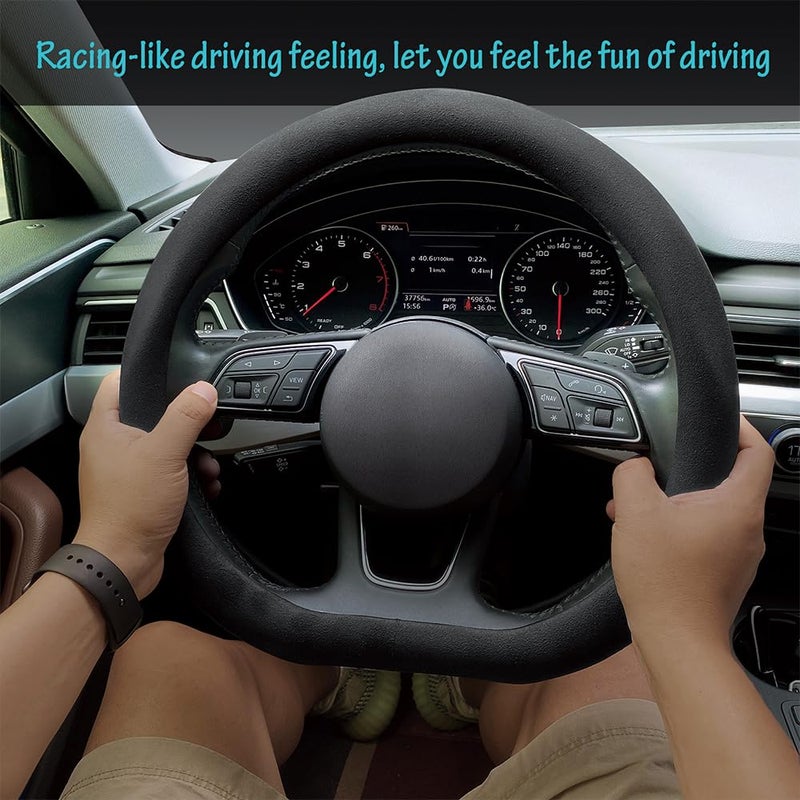 Carodi Leather Suede car Steering Wheel Cover,Suitable for D-Shape Steering Wheel, Comfortable, Anti Skid and Durable (Black) - Image 2