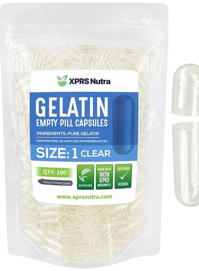 XPRS Nutra Size 1 Empty Capsules - 100 Count Clear Empty Gelatin Capsules - Empty Pill Capsules - DIY Capsule Filling - Fillable Pure Bovine Pill Capsules Empty Gel Caps Pills - Image 1