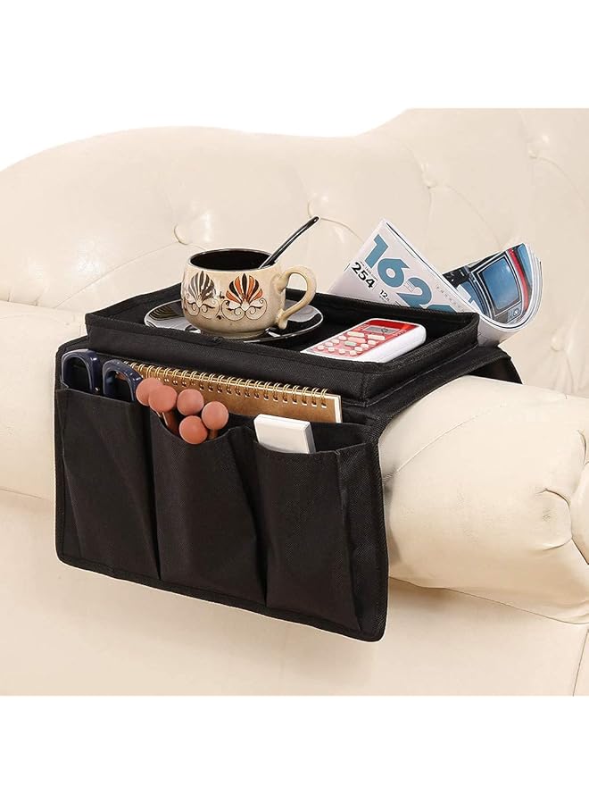 The Bros منظم ذراع الأريكة مع حامل أكواب وحامل لوحي وكتب ومجلات وحامل مشروبات وصينية لحامل ذراع الكرسي وجهاز التحكم عن بعد للتلفاز لكرسي الاستلقاء والأريكة وكرسي بذراعين وحقيبة تخزين بجانب السرير للهواتف المحمولة - Image 1