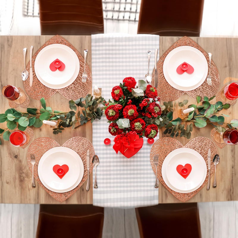 Kidum 12 Sets Rose Gold Valentines Day Placemats Heart, Placemats and Matching Coaster Valentines Day Decorations Metallic Pressed Vinyl Table Mat for Wedding Anniversary Party (Rose Gold) - Image 4