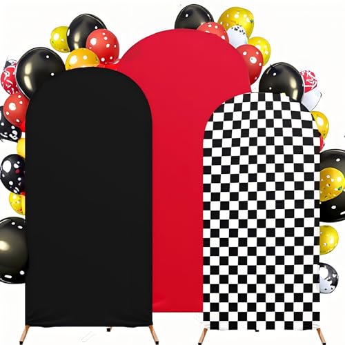 DEYIXUN Arch Backdrop Cover Set of 3 4FT5FT6FT Spandex Stretchy Monster Truck Racing Theme Backdrops for Kids Birthday WeddingParty Decorations RedBlackCheckered - Image 1