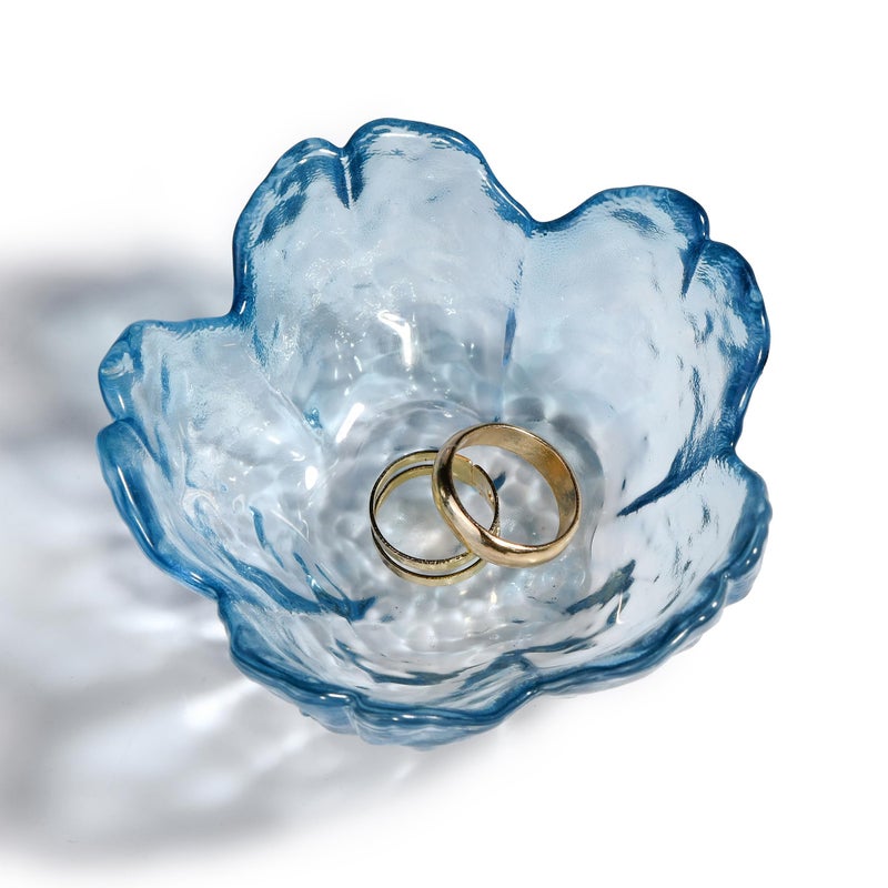 QIANCHANG Blue Glass Ring Holder Dish, Cherry Blossom Decor Jewelry Trinket Tray, Rings Earrings Keys Storage Organizer Bowl - Image 1