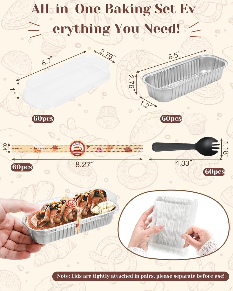 YQER 100 Pack Mini Loaf Pans with Lids, Spoons & Stickers â€“ Disposable Aluminum Foil Baking Cake Containers for Oven, Air Fryer & Freezer â€“ Ideal for Cakes, Bread, Pudding, Parties & Gifting, Sliver - Image 2