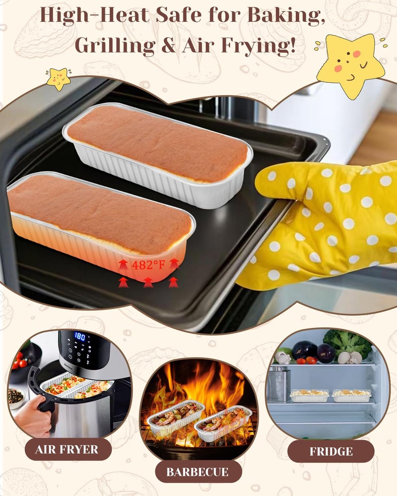 YQER 100 Pack Mini Loaf Pans with Lids, Spoons & Stickers â€“ Disposable Aluminum Foil Baking Cake Containers for Oven, Air Fryer & Freezer â€“ Ideal for Cakes, Bread, Pudding, Parties & Gifting, Sliver - Image 4