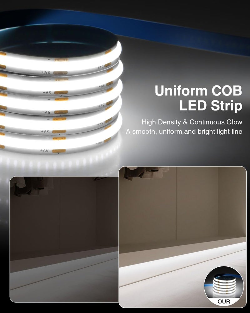 Aclorol أضواء شريط LED COB Aclorol 5V باردة بيضاء 6000K 3FT شريط ضوء LED عالي الكثافة والسطوع للإضاءة تحت الخزائن لغرفة النوم وإطار السرير ومطبخ وإضاءة خزانة جانبية مشروع 320LEDs/M (عبوة 2)  - Image 5
