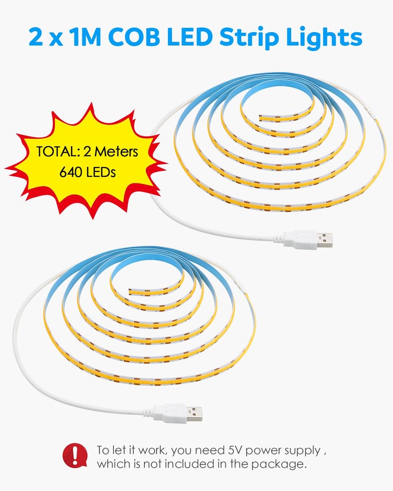 Aclorol أضواء شريط LED COB Aclorol 5V باردة بيضاء 6000K 3FT شريط ضوء LED عالي الكثافة والسطوع للإضاءة تحت الخزائن لغرفة النوم وإطار السرير ومطبخ وإضاءة خزانة جانبية مشروع 320LEDs/M (عبوة 2)  - Image 2