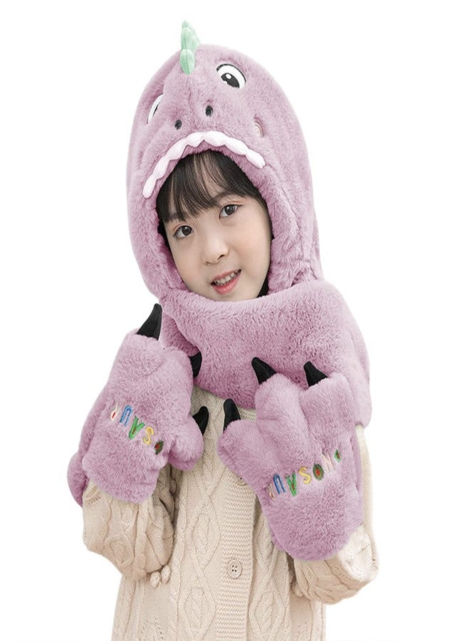 RUIXIA Toddler Kids Cartoon Dinosaur Fleece Plush Hat Gloves Scarf 3 in 1 Set Girls Boys Winter Cute Warm Long Hoodie Earflap Hat - Image 1