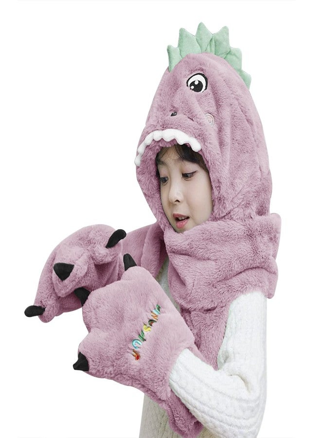 RUIXIA Toddler Kids Cartoon Dinosaur Fleece Plush Hat Gloves Scarf 3 in 1 Set Girls Boys Winter Cute Warm Long Hoodie Earflap Hat - Image 2
