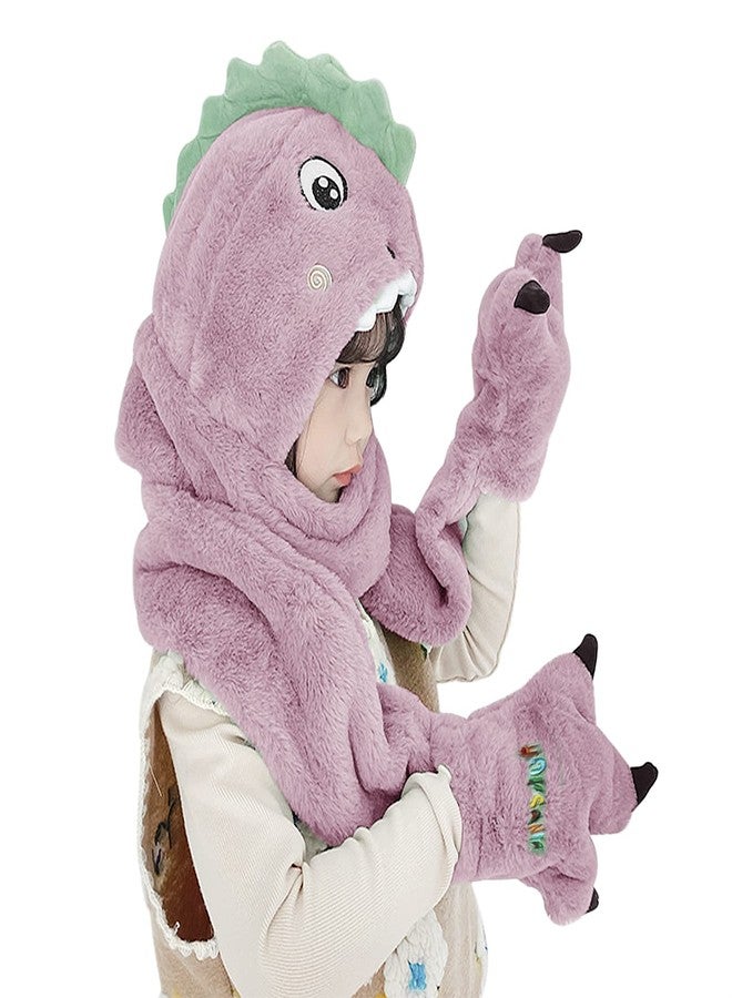 RUIXIA Toddler Kids Cartoon Dinosaur Fleece Plush Hat Gloves Scarf 3 in 1 Set Girls Boys Winter Cute Warm Long Hoodie Earflap Hat - Image 3