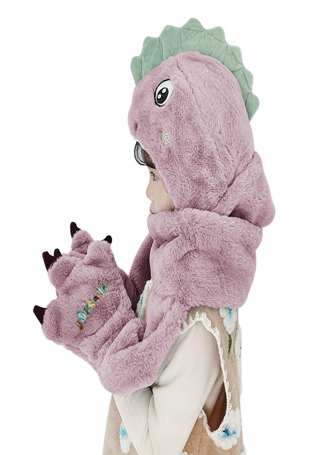 RUIXIA Toddler Kids Cartoon Dinosaur Fleece Plush Hat Gloves Scarf 3 in 1 Set Girls Boys Winter Cute Warm Long Hoodie Earflap Hat - Image 4