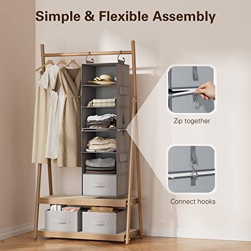 Pipishell 6-Shelf Hanging Closet Organizer, Hanging Shelves with 2 Separable 3-Tier Shelves, Closet Shelves Organizer with 3 Removable Drawers for Wardrobe, Nursery, Baby Clothes Organizer, Gray - Image 2