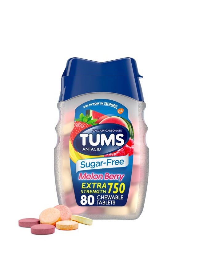 TUMS Extra Strength Chewable Sugar Free Antacid Tablets for Heartburn Relief, Melon Berry - 80 Count  - Image 1