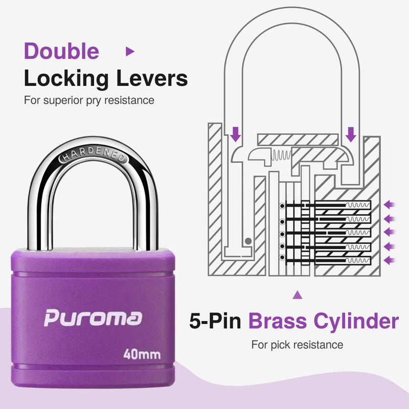 Puroma Keyed Padlock with 2 Keys Alike, 7/8 Inch Locker Lock 40mm Heavy-Duty Locks for Gate Fence Hasp Cabinet Toolbox School Gym Locker (Purple) - Image 5