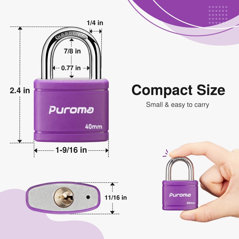 Puroma Keyed Padlock with 2 Keys Alike, 7/8 Inch Locker Lock 40mm Heavy-Duty Locks for Gate Fence Hasp Cabinet Toolbox School Gym Locker (Purple) - Image 2