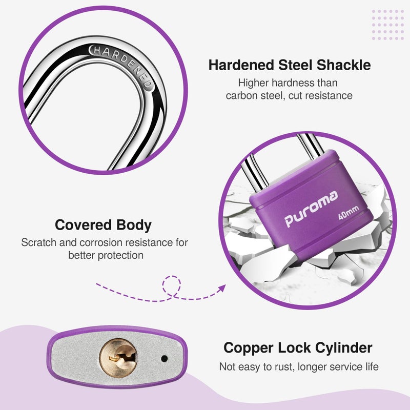 Puroma Keyed Padlock with 2 Keys Alike, 7/8 Inch Locker Lock 40mm Heavy-Duty Locks for Gate Fence Hasp Cabinet Toolbox School Gym Locker (Purple) - Image 4