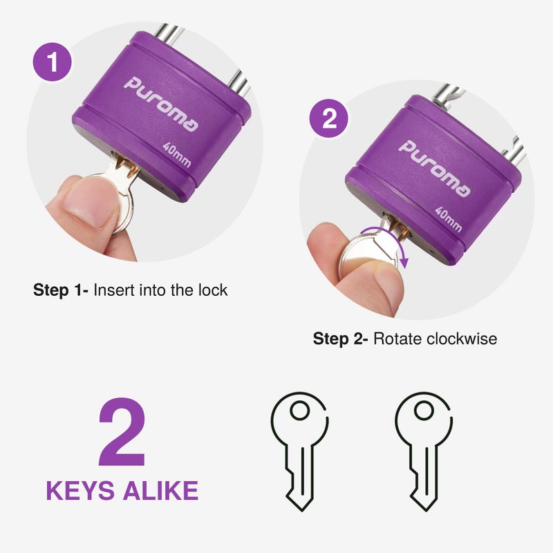 Puroma Keyed Padlock with 2 Keys Alike, 7/8 Inch Locker Lock 40mm Heavy-Duty Locks for Gate Fence Hasp Cabinet Toolbox School Gym Locker (Purple) - Image 3