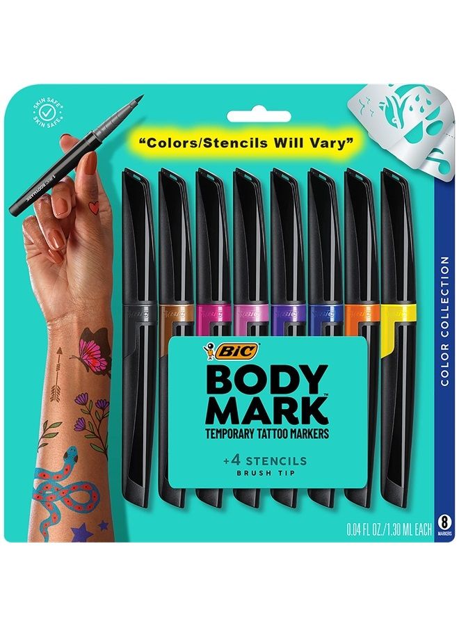 Bic BodyMark Temporary Tattoo Markers for Skin (MTBP81-AST), Color Collection, Flexible Brush Tip, 8-Count Pack of Assorted Colors, Skin-Safe*, Cosmetic Quality - Image 1