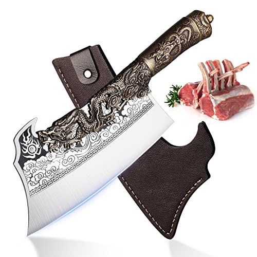 ROCOCO 2lb Dragon Butcher Knife Heavey Duty Cleaver Knife for Meat Bone Cutting 9.5" Cool Big Viking Camping Chopper Cutter with Sheath Birthday Father Mother Christmas Gift Idea Men - Image 1
