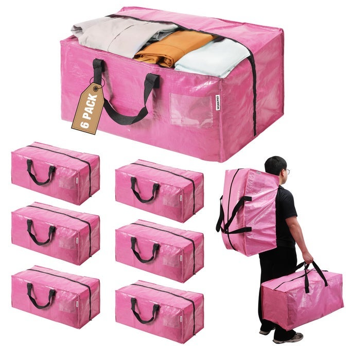 6 PACK EXTRA LARGE MOVING BAGS WITH ZIPPERS CARRYING HANDLES BACKPACK STRAPS HEAVYDUTY STORAGE TOTE FOR SPACE SAVING MOVING STORAGE PINK
