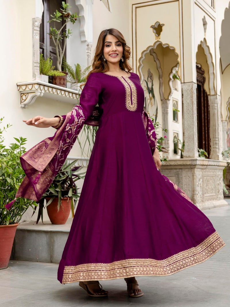 TRENDMALLS Women's Vichitra Silk Anarkali Suit Set with Jacquard Dupatta for Women (G265-Purple-XXL) - Image 3