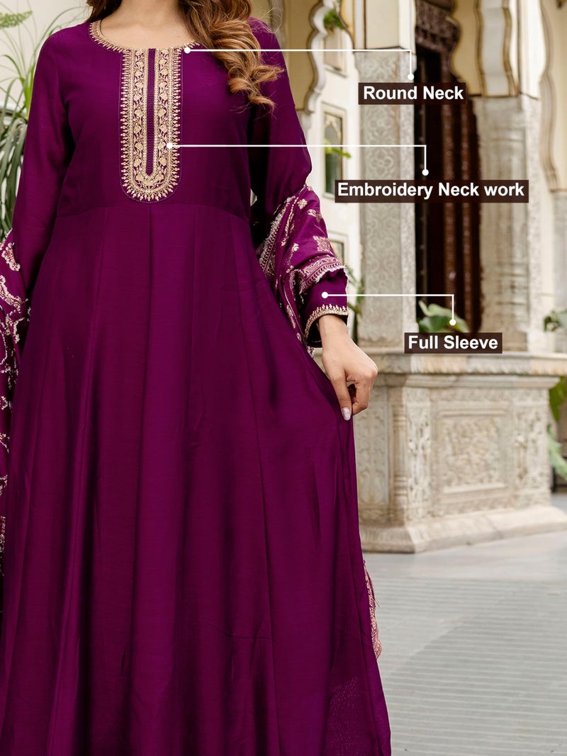 TRENDMALLS Women's Vichitra Silk Anarkali Suit Set with Jacquard Dupatta for Women (G265-Purple-XXL) - Image 4
