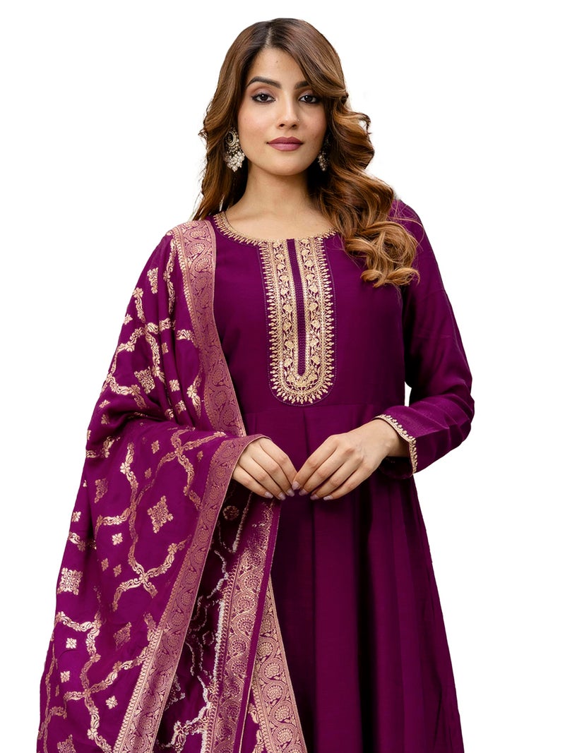 TRENDMALLS Women's Vichitra Silk Anarkali Suit Set with Jacquard Dupatta for Women (G265-Purple-XXL) - Image 1