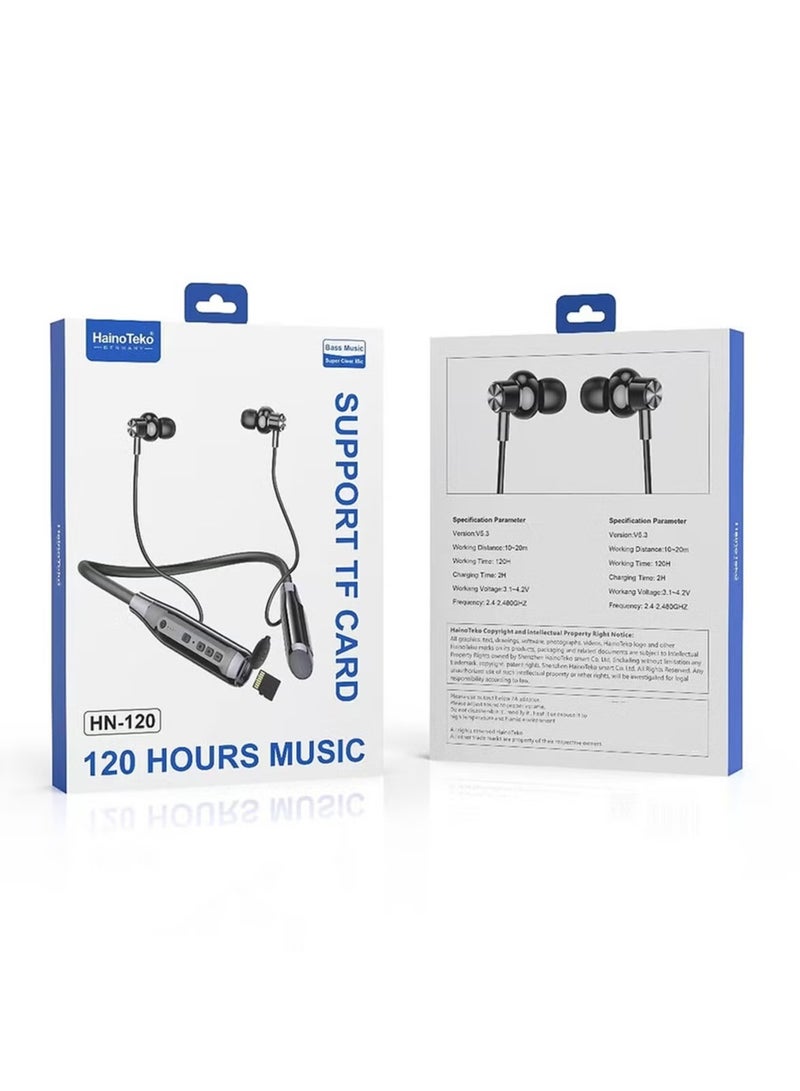 Haino Teko HN120 Bluetooth Neck Band with 120 Hours of Music, High Bass Sound Quality, Super Clear Mic, TF Card Support – Stylish Black, Perfect for Music, Calls, and Long-Lasting Use - Image 5