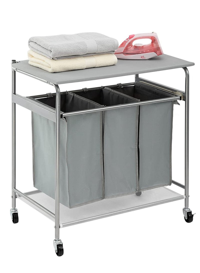 XiuWoo Foldable Ironing Board Rolling Heavy-Duty Laundry Hamper with 3 Bags  Laundry Sorter Cart - Image 2
