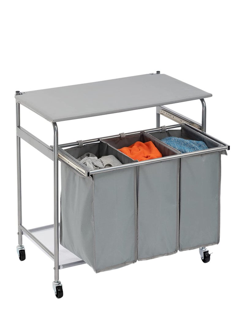 XiuWoo Foldable Ironing Board Rolling Heavy-Duty Laundry Hamper with 3 Bags  Laundry Sorter Cart - Image 3