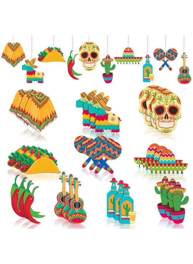 Haooryx Haooryx 31Pcs Mexica Fiesta Cinco De Mayo Wooden Ornaments Hanging Decoration Mexican Cactus Sombrero Guitar Pendants Tags Tree Decor for Taco Bout Birthday Baby Shower Party Supplies - Image 1