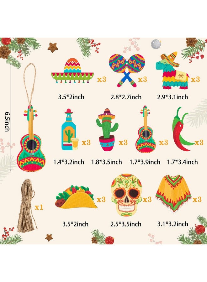 Haooryx Haooryx 31Pcs Mexica Fiesta Cinco De Mayo Wooden Ornaments Hanging Decoration Mexican Cactus Sombrero Guitar Pendants Tags Tree Decor for Taco Bout Birthday Baby Shower Party Supplies - Image 2