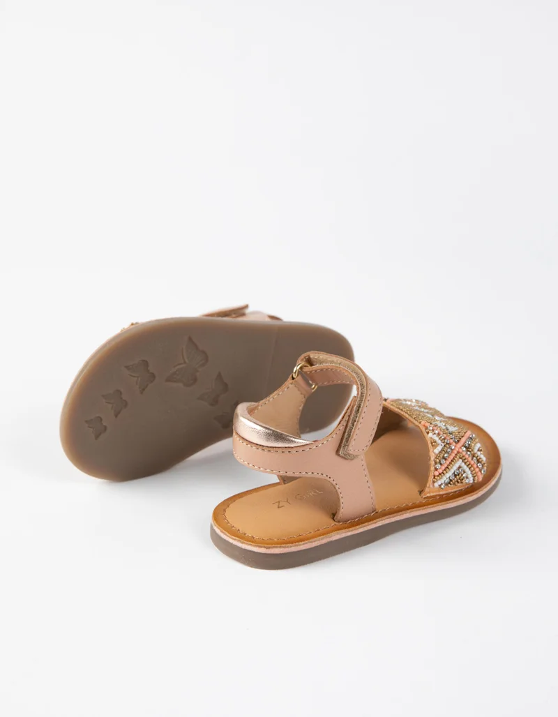 زيبي Leather Sandals with Beads for Baby Girls, Beige