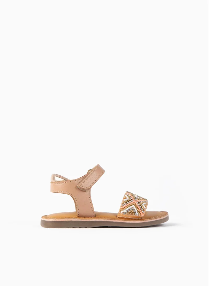 زيبي Leather Sandals with Beads for Baby Girls, Beige