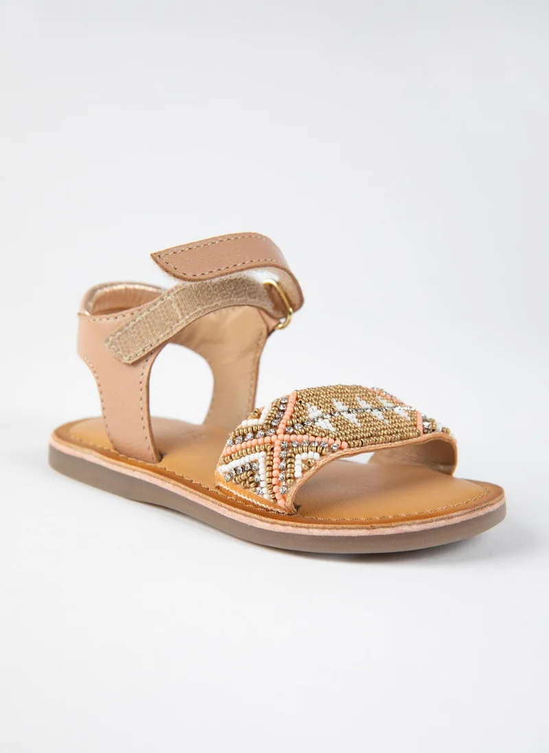 زيبي Leather Sandals with Beads for Baby Girls, Beige