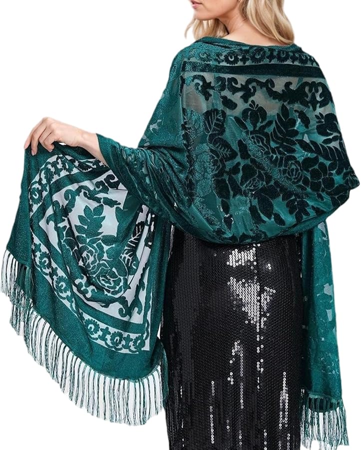 شال أسود وأخضر على الطراز العرقي، متعدد الوظائف، بشرابات طويلة، وشاح دافئ لتغطية الكتفين - Image 1