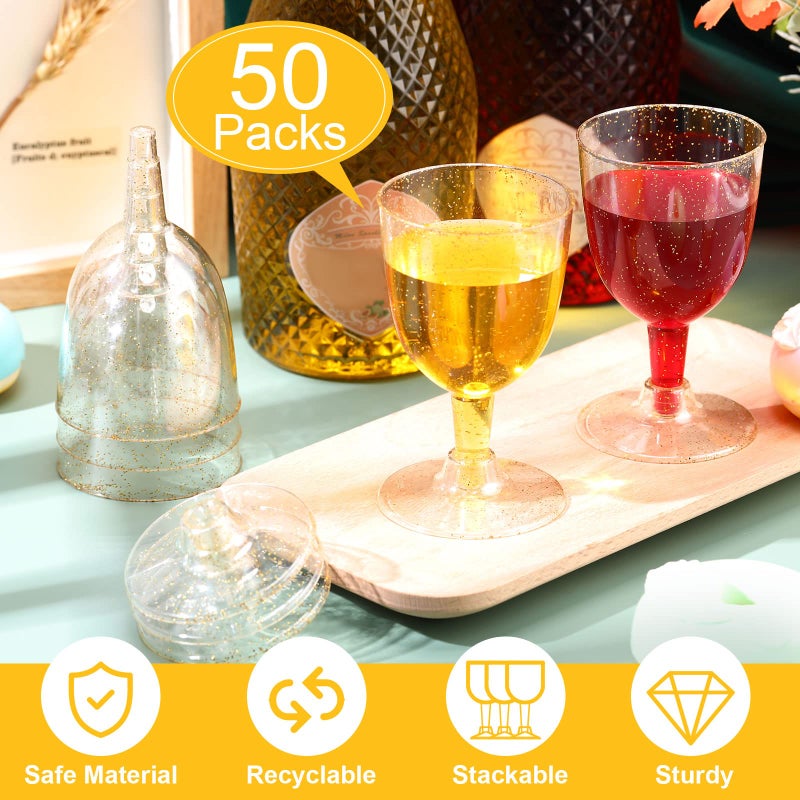 meekoo 50 Pack Plastic Wine Glasses with Stem Disposable 5.7 oz Gold Glitter Champagne Cups Wine Goblets Cocktail Cups for Weddings Birthdays Bridal Shower graduation Parties - Image 3