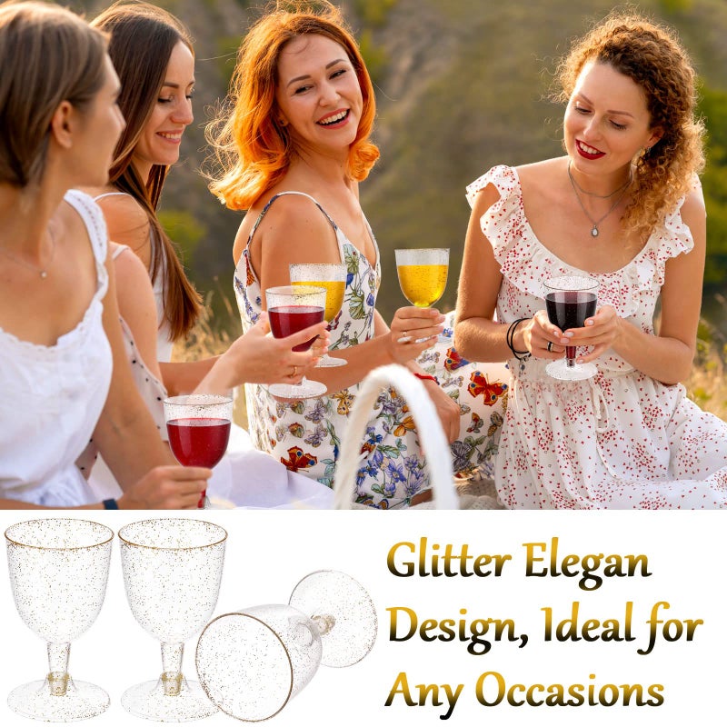 meekoo 50 Pack Plastic Wine Glasses with Stem Disposable 5.7 oz Gold Glitter Champagne Cups Wine Goblets Cocktail Cups for Weddings Birthdays Bridal Shower graduation Parties - Image 4