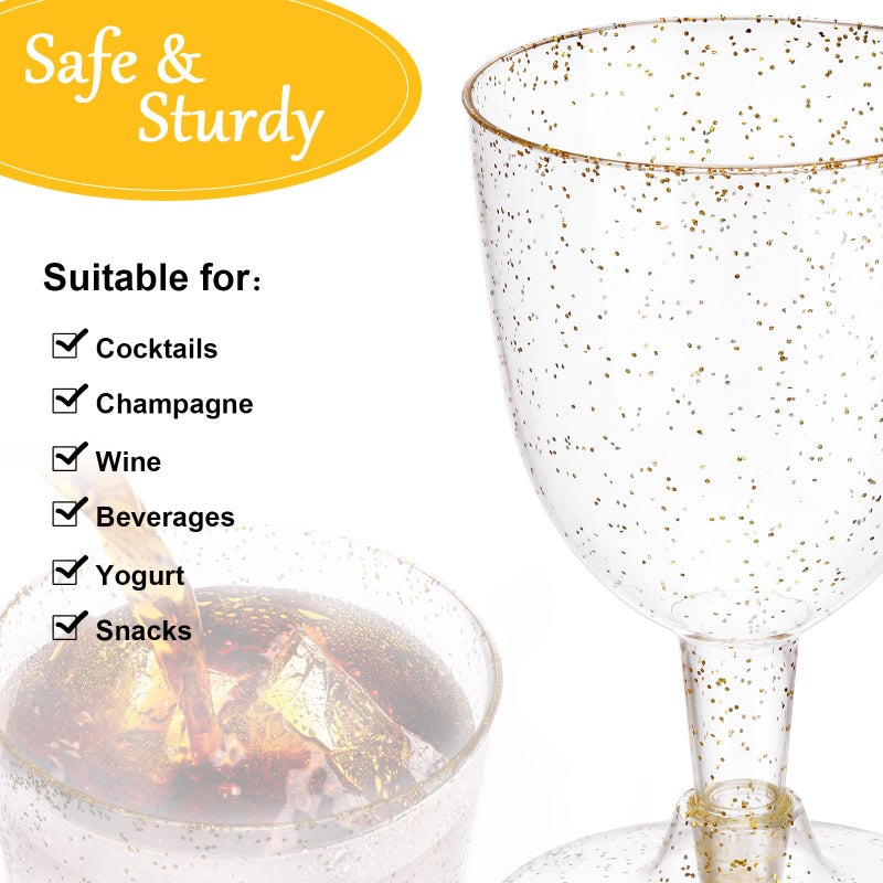 meekoo 50 Pack Plastic Wine Glasses with Stem Disposable 5.7 oz Gold Glitter Champagne Cups Wine Goblets Cocktail Cups for Weddings Birthdays Bridal Shower graduation Parties - Image 2