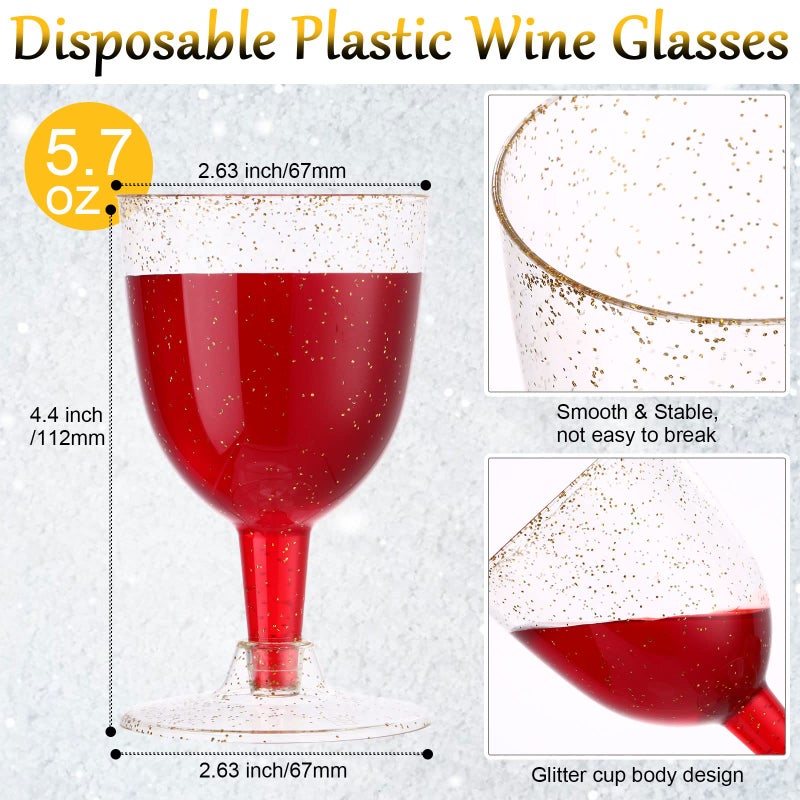 meekoo 50 Pack Plastic Wine Glasses with Stem Disposable 5.7 oz Gold Glitter Champagne Cups Wine Goblets Cocktail Cups for Weddings Birthdays Bridal Shower graduation Parties - Image 1
