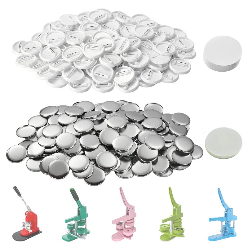 200 Sets 32 mm 125 inch Blank Button Supplies Round Badges Buttons Parts for Button Maker 32mm Button Attachment Button Making Supplies with Pin Cover Pin Backs Plastic Films Circle Paper