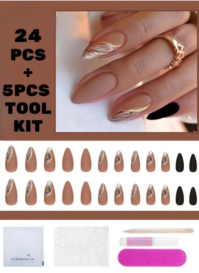 24Pcs False Nails+5 Pcs Tool Kit Impress Press-On False Nails Gold and Black Lines - pzsku/Z9117F1C23CDB159FC47AZ/45/_/1728221036/23e7140b-b71b-4f96-8503-4df22a8bd290